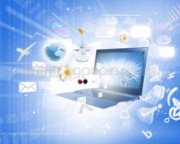 带笔记本电脑的计算机网络科技背景图像解析